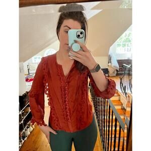 REBECCA TAYLOR Rustic Red Embroidered Silk Blend V-Neck Button Top size 2